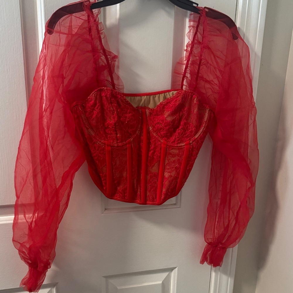 Red Lace Corset Top with Sheer Sleeves